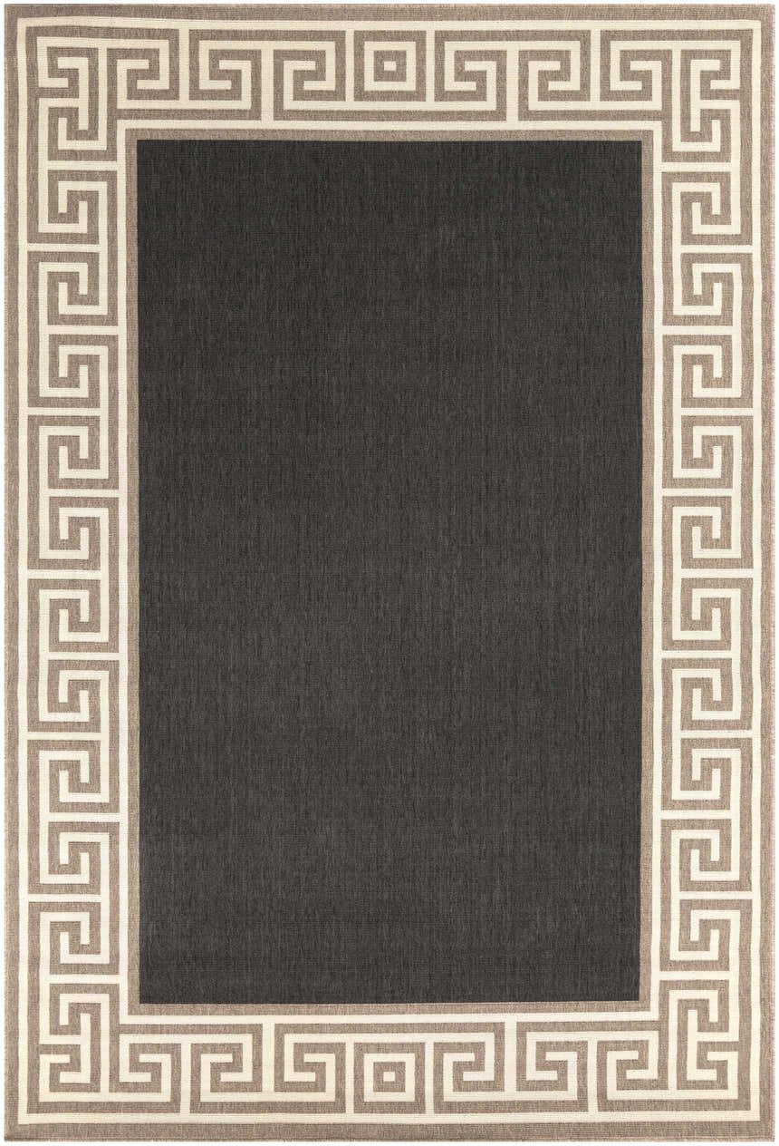 Close-up of Michael Area Rug featuring a dark gray center and Greek key border in beige and ivory. Design-Rectangle-76109
