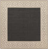 Close-up of the Michael Area Rug. Features a dark gray center and a Greek key border in beige and gray tones. Design-Square-89