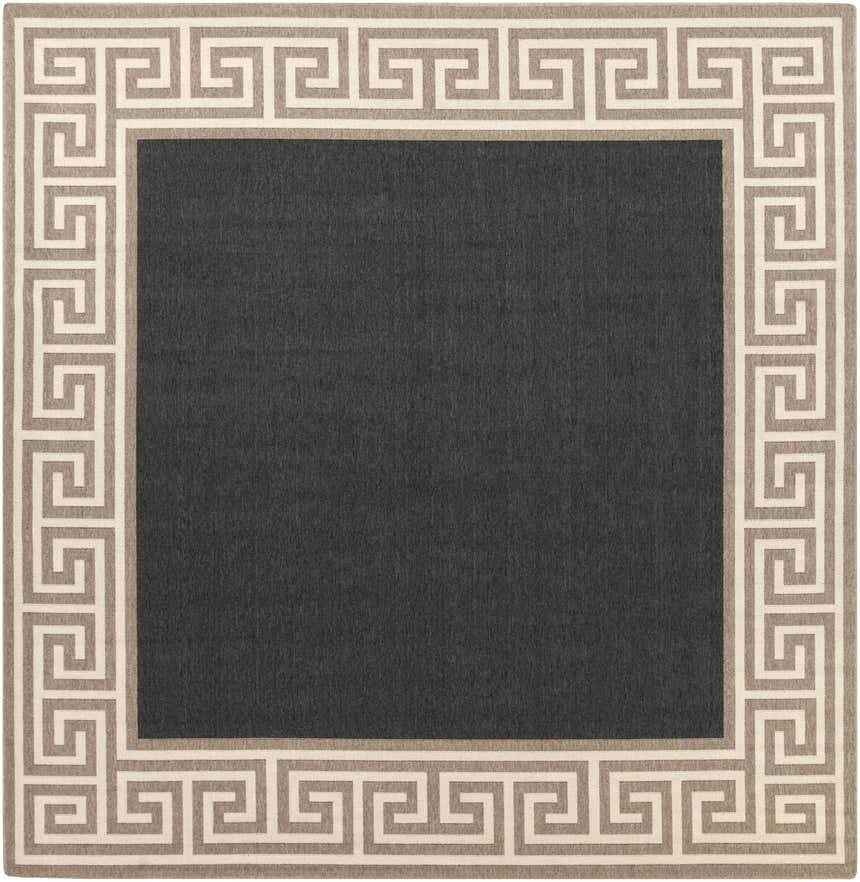 Close-up of the Michael Area Rug. Features a dark gray center and a Greek key border in beige and gray tones. Design-Square-89