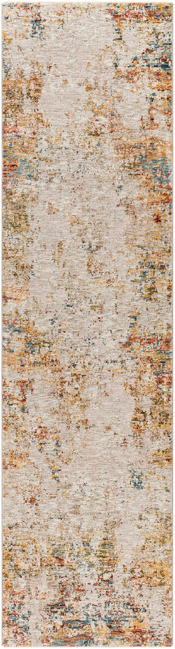 Close-up of the Middelburg Rock Pattern Luxe Area Rug with brick red, cream, denim, and mustard abstract design. Design-Runner-2710