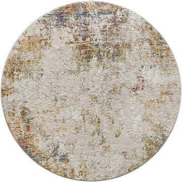 Close-up of the round Middelburg Rock Pattern Luxe Area Rug. Features brick red, cream, denim, and mustard colors. Design-Round-53