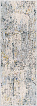 Close-up of the Midfield Luxe Rug, showcasing its contemporary charcoal, cream, blue, and gray abstract design. Design-Runner-2773