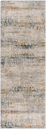 Close-up of a Midhurst Luxe Rug. Contemporary style with brick red, cream, dusty sage, gray, light gray, mustard, and teal colors. Design-Runner-2773