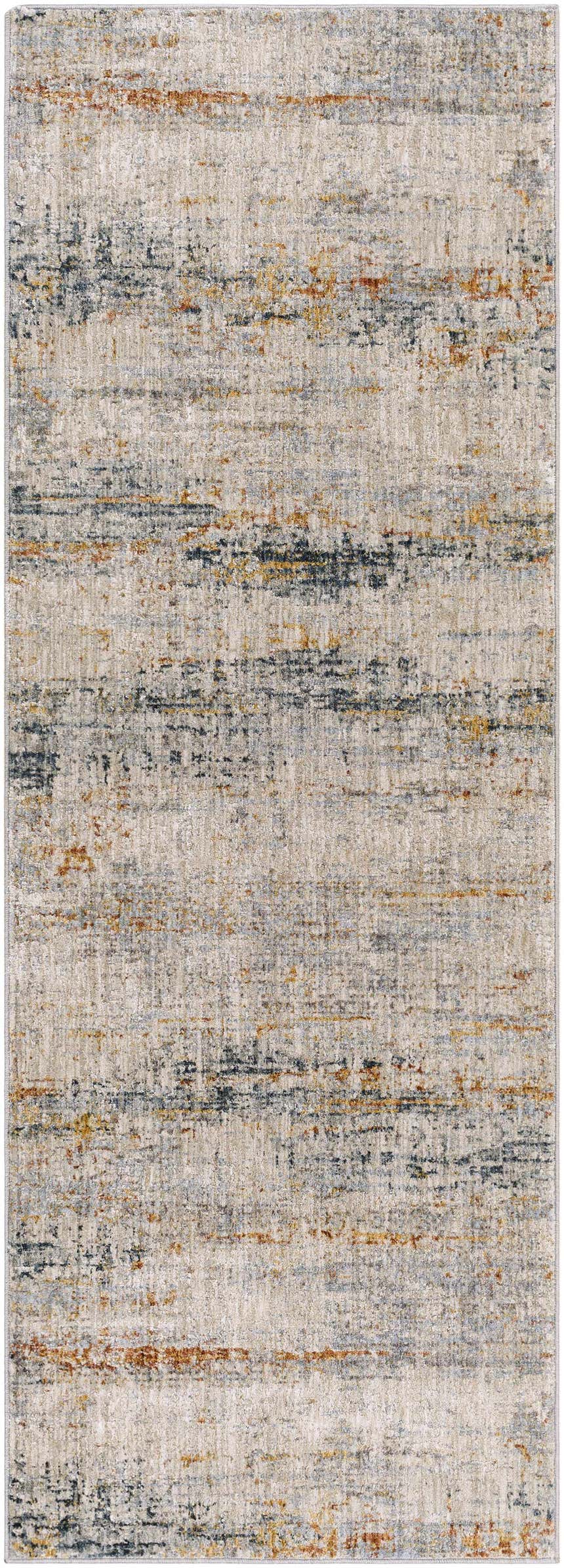 Close-up of a Midhurst Luxe Rug. Contemporary style with brick red, cream, dusty sage, gray, light gray, mustard, and teal colors. Design-Runner-2773