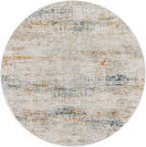 Close-up of a round Midhurst Luxe Rug. Cream rug with brick red, dusty sage, and gray abstract pattern. Design-Round-53