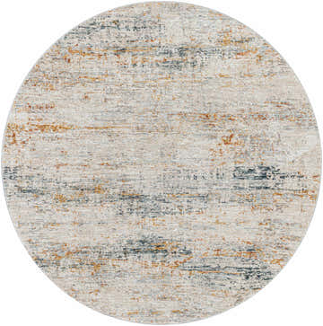 Close-up of a round Midhurst Luxe Rug. Cream rug with brick red, dusty sage, and gray abstract pattern. Design-Round-53