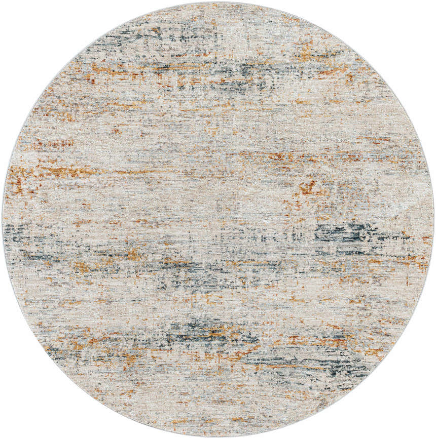 Close-up of a round Midhurst Luxe Rug. Cream rug with brick red, dusty sage, and gray abstract pattern. Design-Round-53