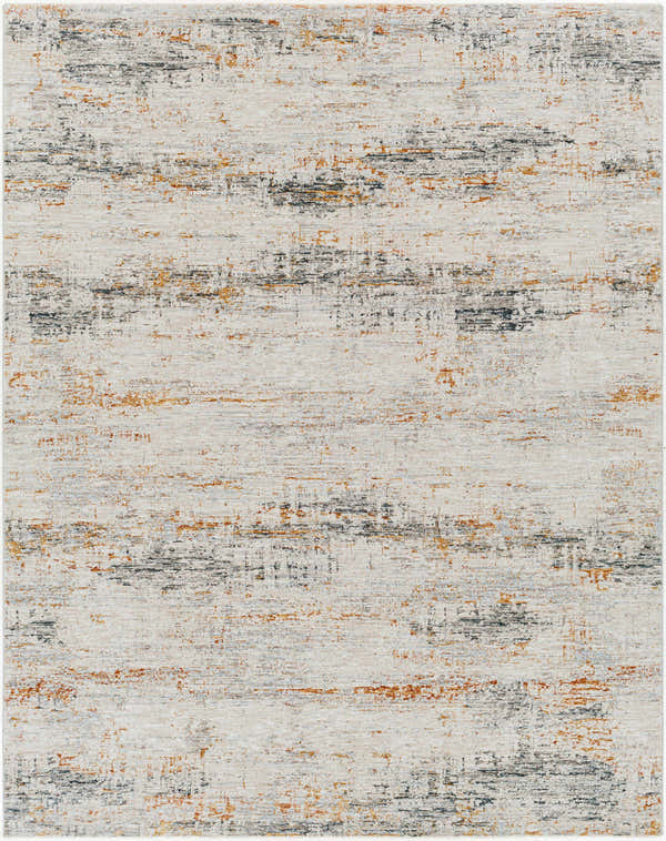 Close-up of the Midhurst Luxe Rug; a contemporary rug with brick red, cream, dusty sage, and gray abstract pattern. Design-Rectangle-710103