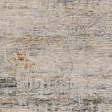 Close-up of the Midhurst Luxe Rug. Abstract design in cream, gray, brick red, and mustard tones. Soft, textured polyester rug. Swatch