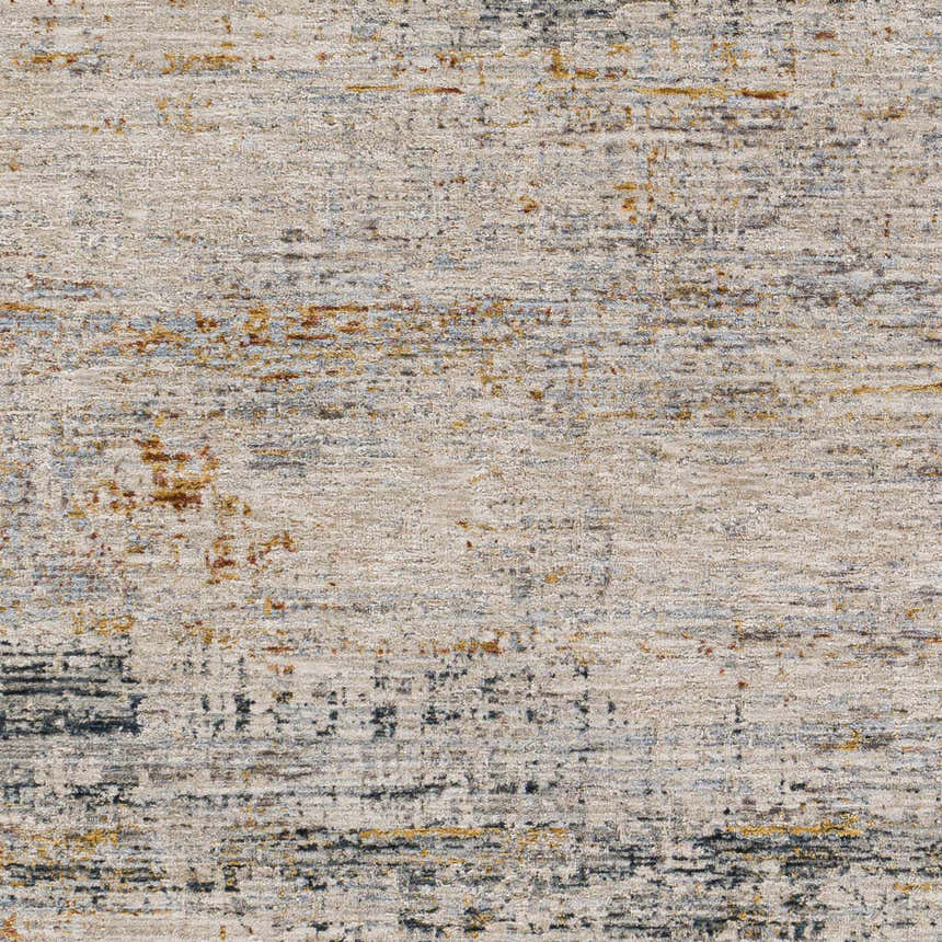Close-up of the Midhurst Luxe Rug. Abstract design in cream, gray, brick red, and mustard tones. Soft, textured polyester rug. Swatch