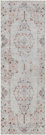 Close-up of the Midtown Washable Area Rug - Clearance. Traditional oriental rug pattern in brick red, charcoal, gray, and peach. Design-Runner-27710