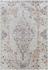 Close-up of Midtown Washable Area Rug. Traditional oriental design in brick red, charcoal, gray, light gray, and peach. Design-Rectangle-5373