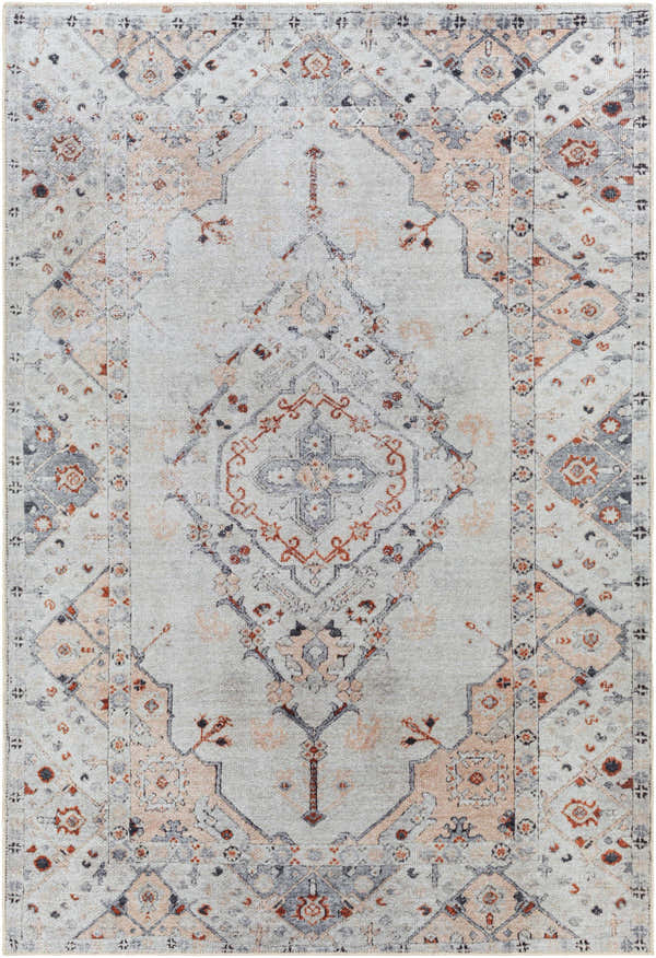 Close-up of Midtown Washable Area Rug. Traditional oriental design in brick red, charcoal, gray, light gray, and peach. Design-Rectangle-5373