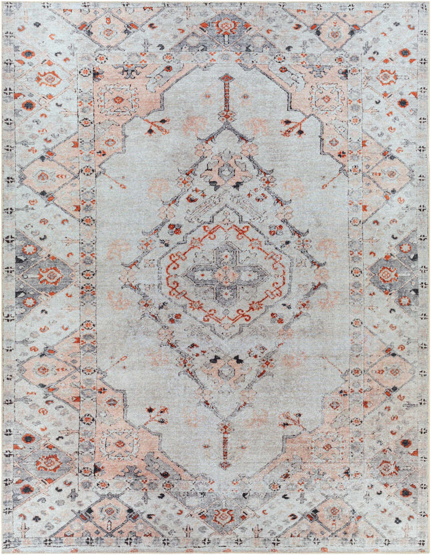 Close-up of the Midtown Washable Area Rug. Features a traditional oriental design in brick red, charcoal, gray, and peach tones. Design-Rectangle-71010
