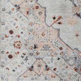 Close-up of the Midtown Washable Area Rug. Features a traditional pattern in brick red, charcoal, gray, and peach tones. Texture