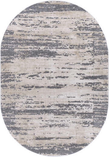 Close-up of the oval Mikana Beige Tibetan Rug. Features a contemporary abstract pattern in beige, tan, and charcoal. Design-Oval-6796