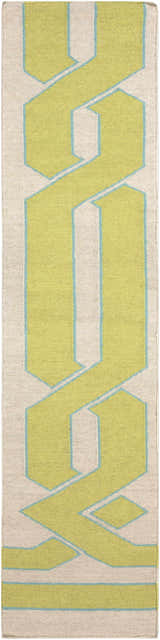 Close-up of the hand woven Milano Area Rug. Ivory, light olive, and seafoam geometric pattern. 100% wool texture. Design-Runner-268