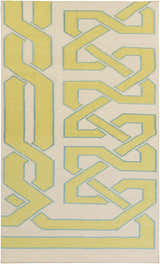 Close-up of the Milano Area Rug, a hand-woven wool rug with a geometric light olive and ivory pattern. Design-Rectangle-58