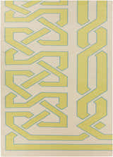 Close-up of the Milano Area Rug, a hand-woven wool rug with a light olive geometric pattern on ivory, outlined in seafoam. Design-Rectangle-811