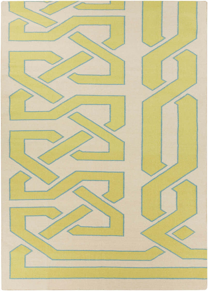 Close-up of the Milano Area Rug, a hand-woven wool rug with a light olive geometric pattern on ivory, outlined in seafoam. Design-Rectangle-811