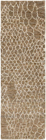 Close-up of the Milbridge Clearance Jute Rug. Beige and brown hand-knotted rug with a contemporary geometric pattern. Design-Runner-268