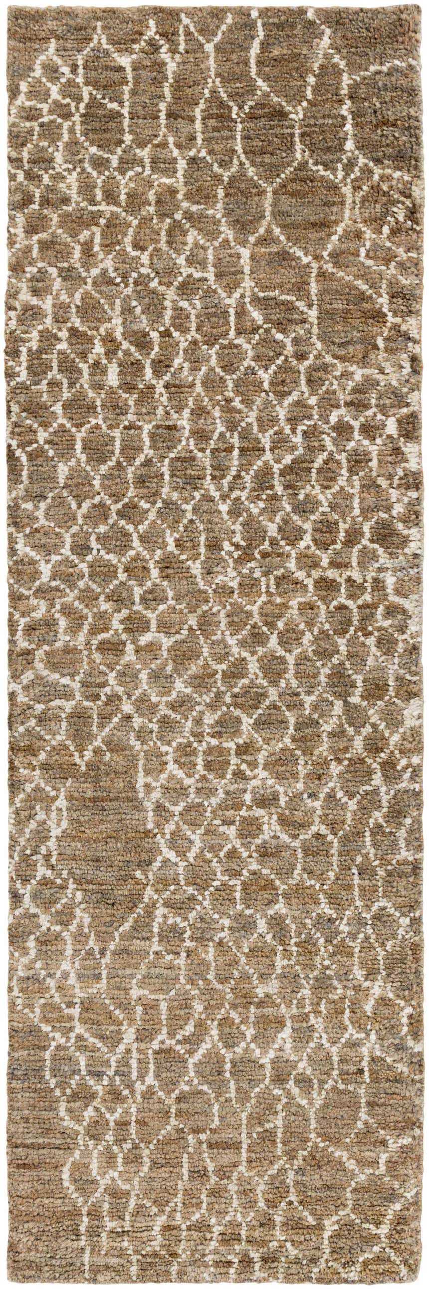 Close-up of the Milbridge Clearance Jute Rug. Beige and brown hand-knotted rug with a contemporary geometric pattern. Design-Runner-268