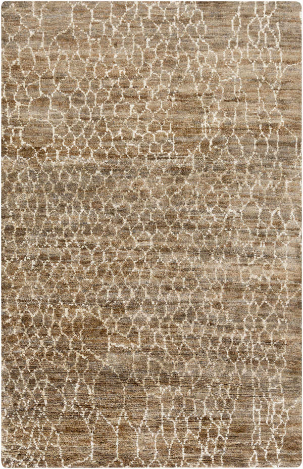 Close-up of the Milbridge Clearance Jute Rug. Hand-knotted rug with beige and brown tones and a contemporary geometric pattern. Design-Rectangle-58