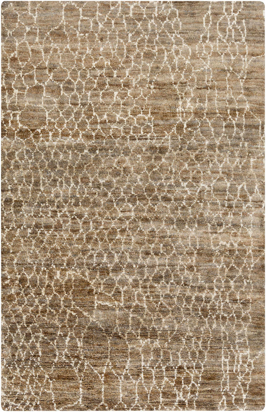 Close-up of the Milbridge Clearance Jute Rug. Hand-knotted rug with beige and brown tones and a contemporary geometric pattern. Design-Rectangle-58