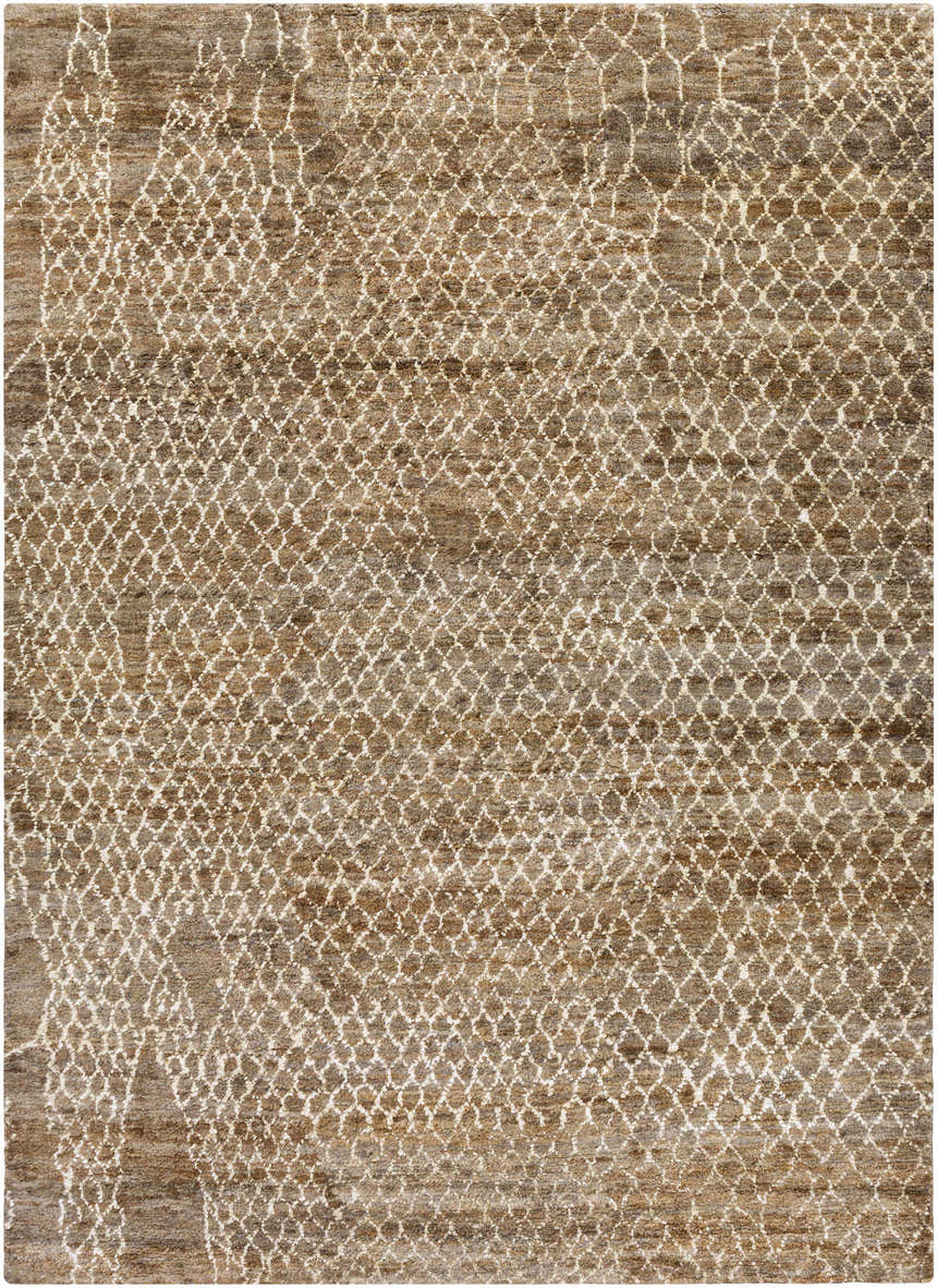 Close-up of the Milbridge Clearance Jute Rug. Hand-knotted jute rug in beige and brown with a contemporary geometric pattern. Design-Rectangle-811