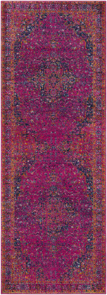 Detailed pattern of a Milliken Magenta Area Rug in burgundy, burnt orange, navy, and teal. Bohemian style. Design-Runner-2773