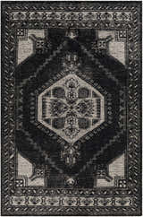 Close-up of the hand-knotted Minapan Premium Area Rug. Black and cream cotton and wool oriental rug with traditional patterns. Design-Rectangle-5686