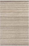 Close-up of the hand woven Minare Area Rug. Jute and wool rug in light beige, medium gray, and charcoal stripes. Design-Rectangle-576