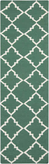 Close-up of the Minehead Area Rug. Dark green wool rug with a light gray geometric trellis pattern. Hand woven texture. Design-Runner-268