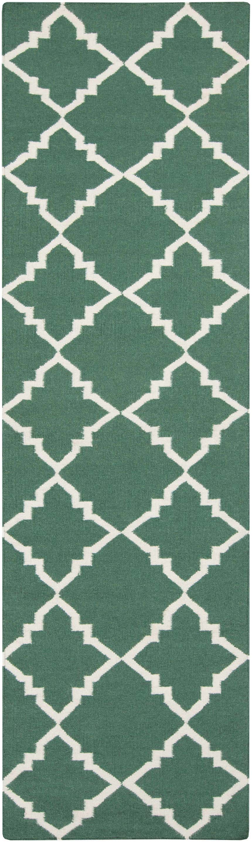 Close-up of the Minehead Area Rug. Dark green wool rug with a light gray geometric trellis pattern. Hand woven texture. Design-Runner-268
