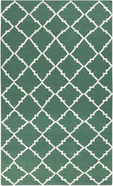 Close-up of Minehead Area Rug: dark green 100% wool with a light gray geometric trellis pattern. Hand woven rug. Design-Rectangle-58