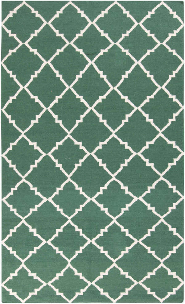 Close-up of Minehead Area Rug: dark green 100% wool with a light gray geometric trellis pattern. Hand woven rug. Design-Rectangle-58