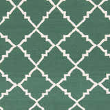 Close-up of the Minehead Area Rug. Dark green wool rug with a light gray geometric trellis pattern. Hand woven texture. Swatch