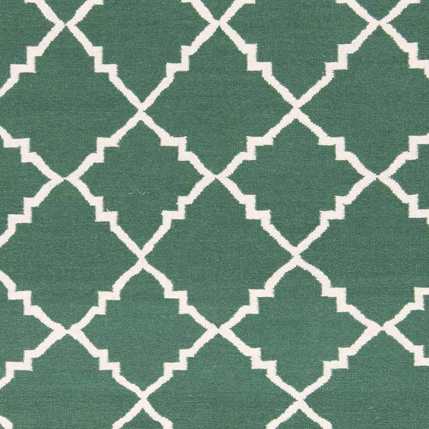 Close-up of the Minehead Area Rug. Dark green wool rug with a light gray geometric trellis pattern. Hand woven texture. Swatch
