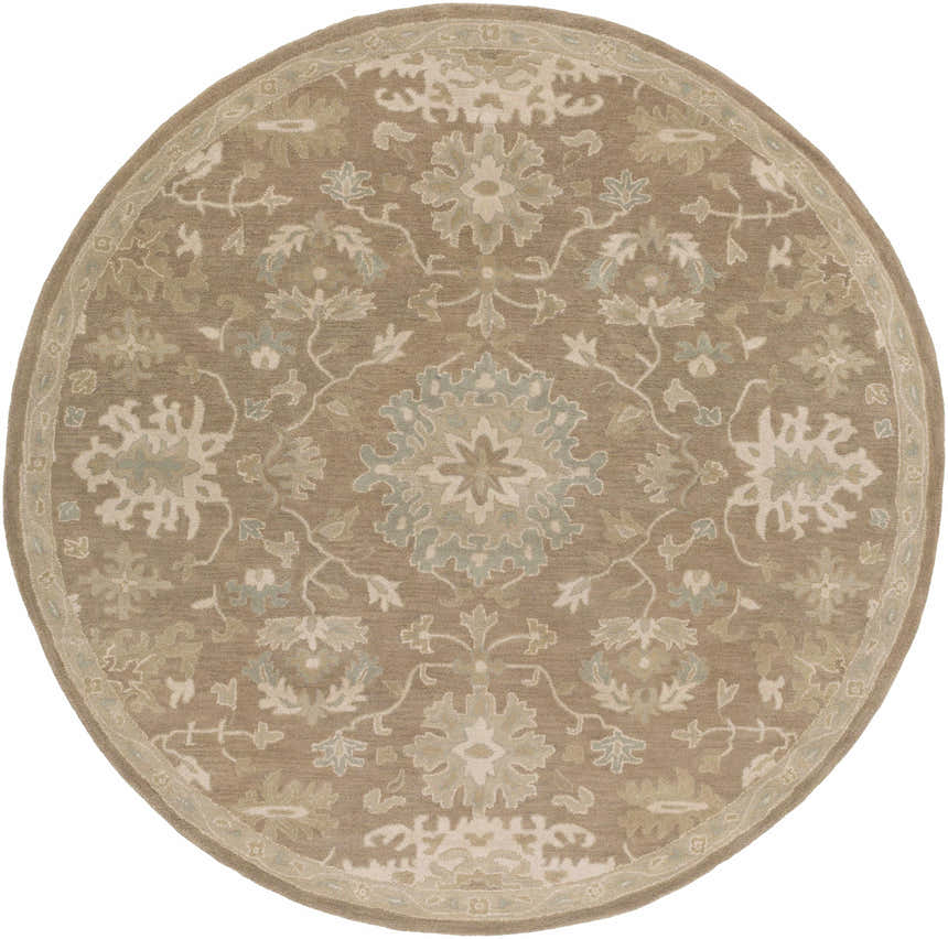 Round Hazen Hand Tufted Beige 1149 Area Rug. Wool rug with beige, sage, and brown floral pattern. Traditional style. Design-Round-8