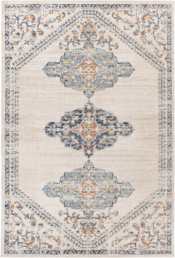 Close-up of the Mistissini Area Rug: a traditional, machine-woven rug in aqua, cream, blue, coral, and orange tones. Design-Rectangle-537