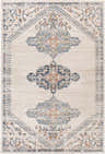 Close-up of the Mistissini Area Rug: a traditional, machine-woven rug in aqua, cream, blue, coral, and orange tones. Design-Rectangle-537