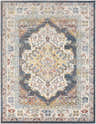 Close-up of the Millican Area Rug. Bohemian style rug with blue, brown, garnet, and gray floral and geometric patterns. Design-Rectangle-710103