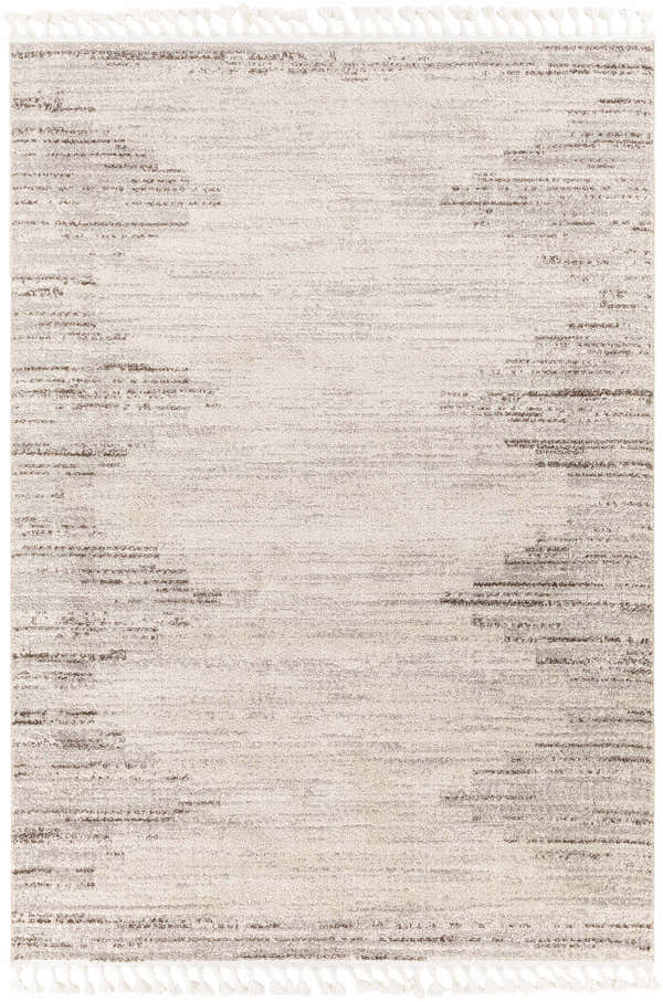 Close-up of the Malandag Area Rug. Dark brown and gray horizontal striations on light gray polypropylene with white tassels. Design-Rectangle-537