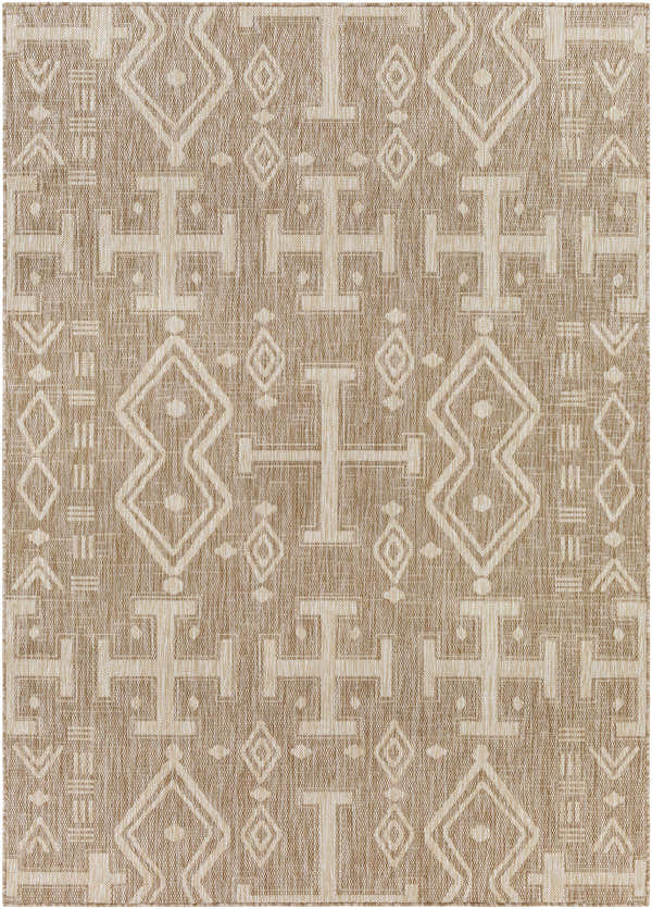 Close-up of the Malapatan Indoor & Outdoor Rug. Features a geometric pattern in cream and tan. Machine woven texture. Design-Rectangle-537