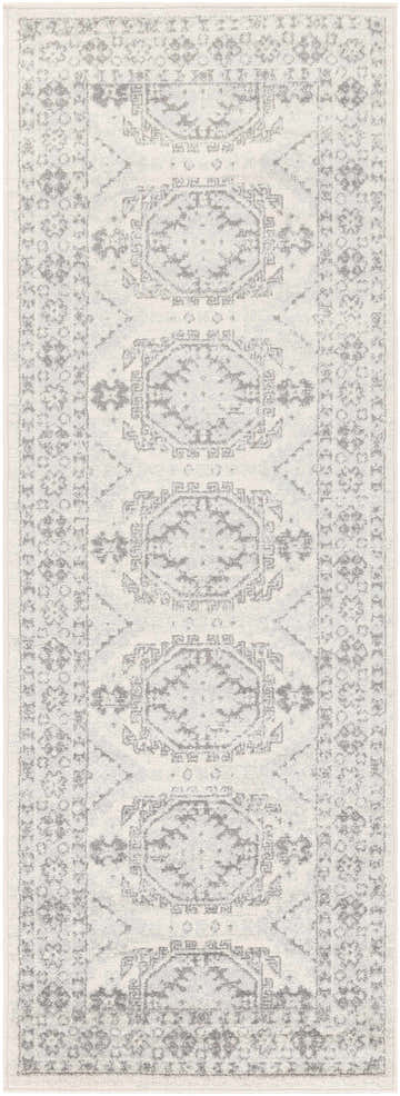 Close-up of the Moundsville Area Rug, a machine-woven runner with a transitional gray and light beige geometric pattern. Design-Runner-2773