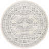Close-up of round Moundsville Area Rug. Gray, charcoal, and beige bohemian pattern. Design-Round-53