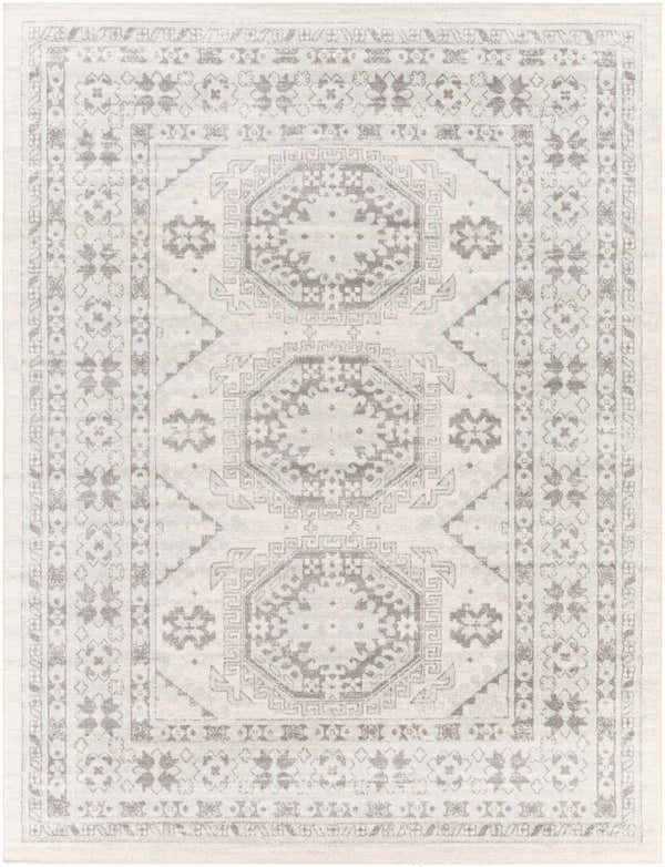 Close-up of the Moundsville Area Rug; a machine-woven rug with a geometric, light beige and gray bohemian pattern. Design-Rectangle-710103