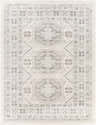 Close-up of the Moundsville Area Rug; a machine-woven rug with a geometric, light beige and gray bohemian pattern. Design-Rectangle-710103