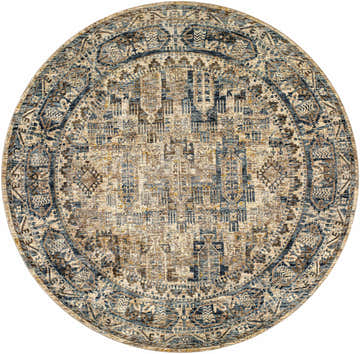 Round Mundesley Area Rug with a traditional, bohemian design in cream, dark blue, and brown polyester. Design-Round-710