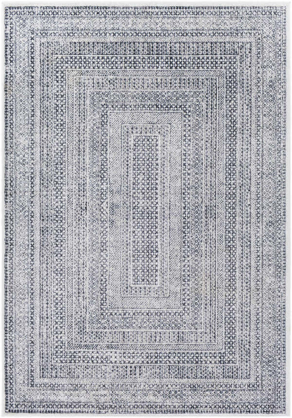 Close-up of Mandaon Area Rug, charcoal and cream geometric pattern, traditional style. Design-Rectangle-537